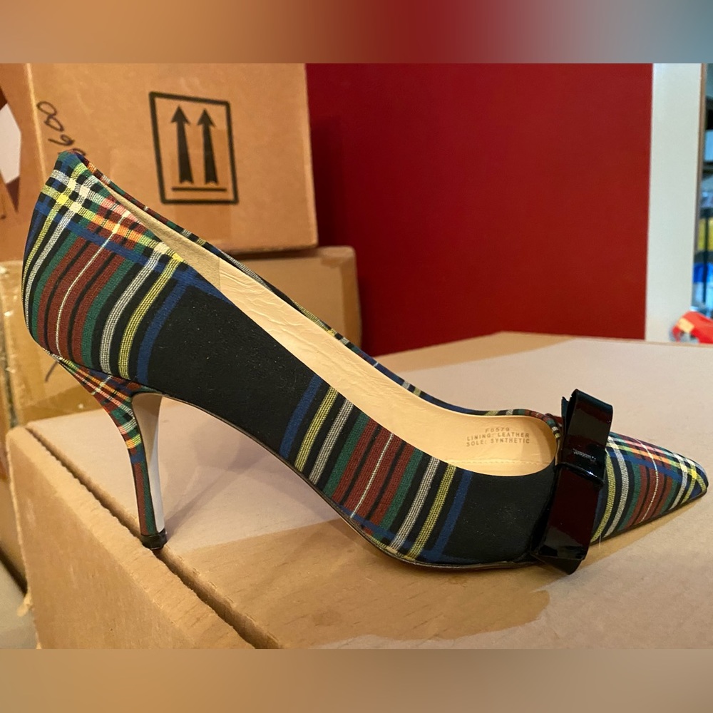 J.Crew plaid fabric pump with patent leather bow across toe.